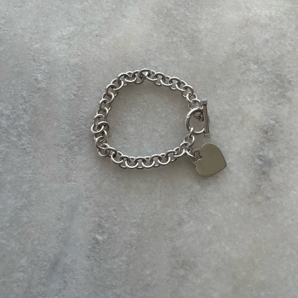 925 Sterling Silver Mexican Toggle Bracelet w/ heart charm- 42g Vintage